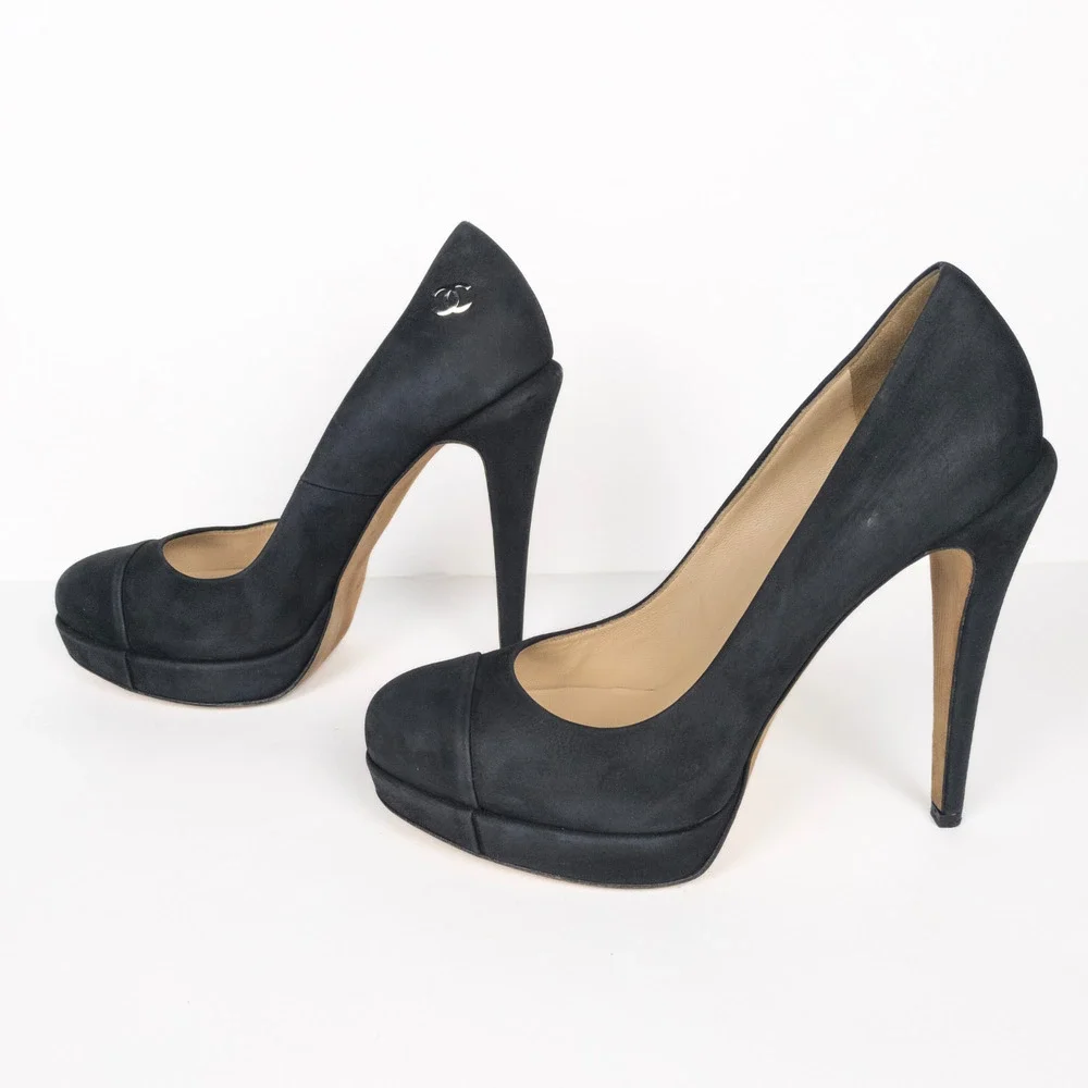 CHANEL Black Calfskin Leather Cap Toe CC Platform Pumps Women's FR 39.5 US 8.5